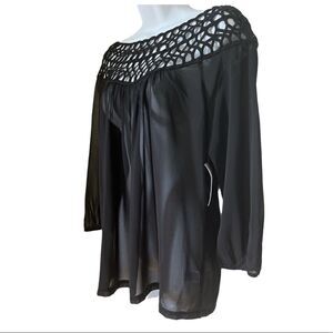 NWT Humble Chic Black Lattice Neckline Long Sleeve Sheer Blouse sz M